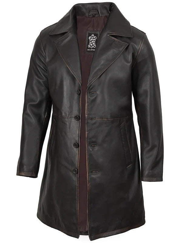 Men's Real Leather 3 4 Length Dark Brown Car Coat