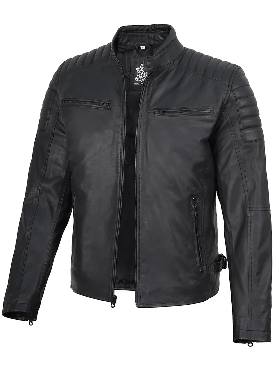 Mens Matte Black Biker Style Real Leather Jacket