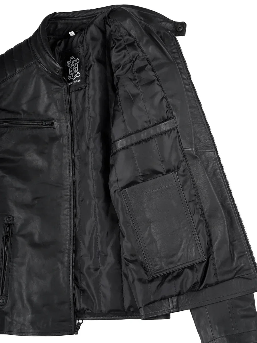 Mens Matte Black Biker Style Real Leather Jacket