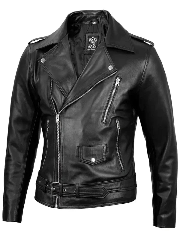 Men's Black Asymmetrical Belted Leather Biker Style Jacket