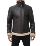 Men's Real Leather Dark Brown Bomber Fur Aviator Jacket
