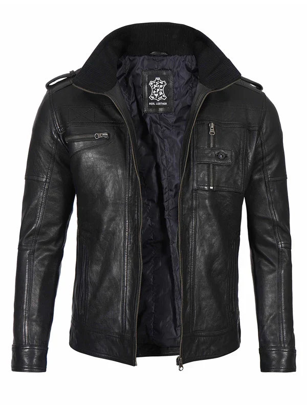 Mens Black Waxed Cafe Racer Leather Jacket