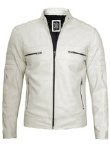 Mens Off White Cafe Racer Real Leather Jacket