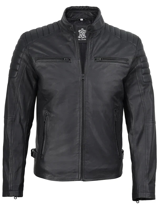 Mens Matte Black Biker Style Real Leather Jacket
