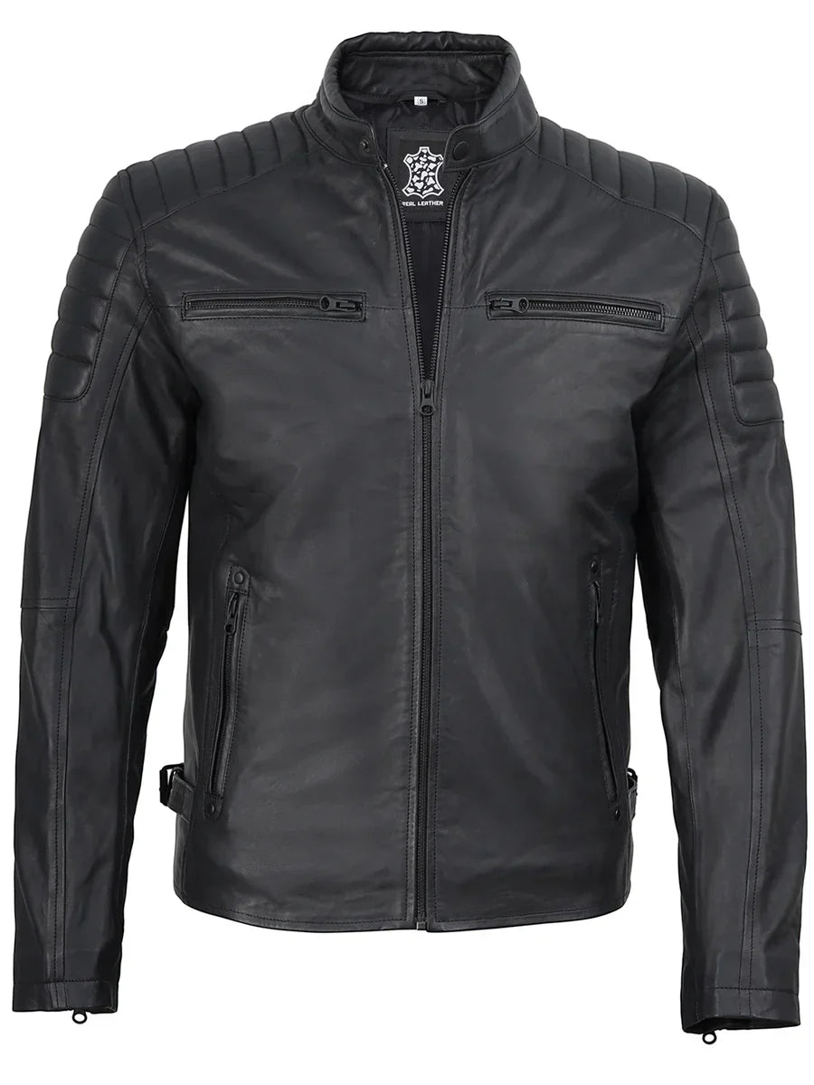 Mens Matte Black Biker Style Real Leather Jacket