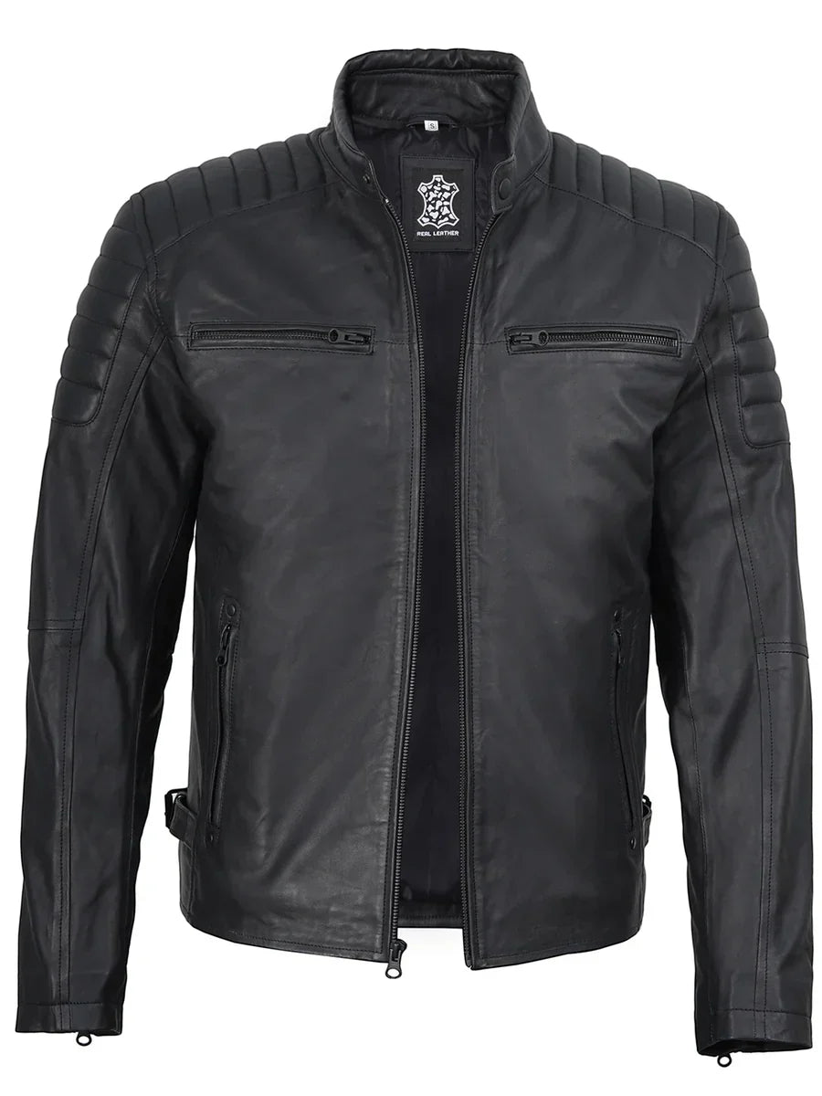 Mens Matte Black Biker Style Real Leather Jacket