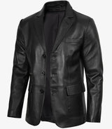 Mens Real Leather Three Button Black Blazer