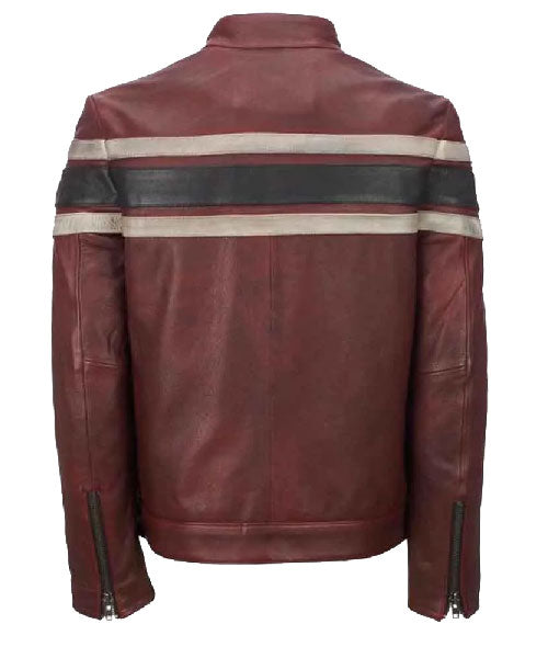 Men’s Burgundy Leather Motorcycle Jacket with Racing Stripes