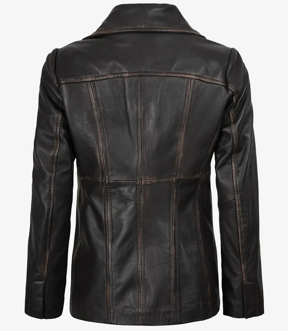 Women's Three Button Distressed Brown Leather Blazer