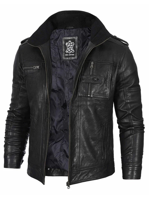 Mens Black Waxed Cafe Racer Leather Jacket