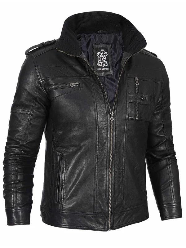 Mens Black Waxed Cafe Racer Leather Jacket