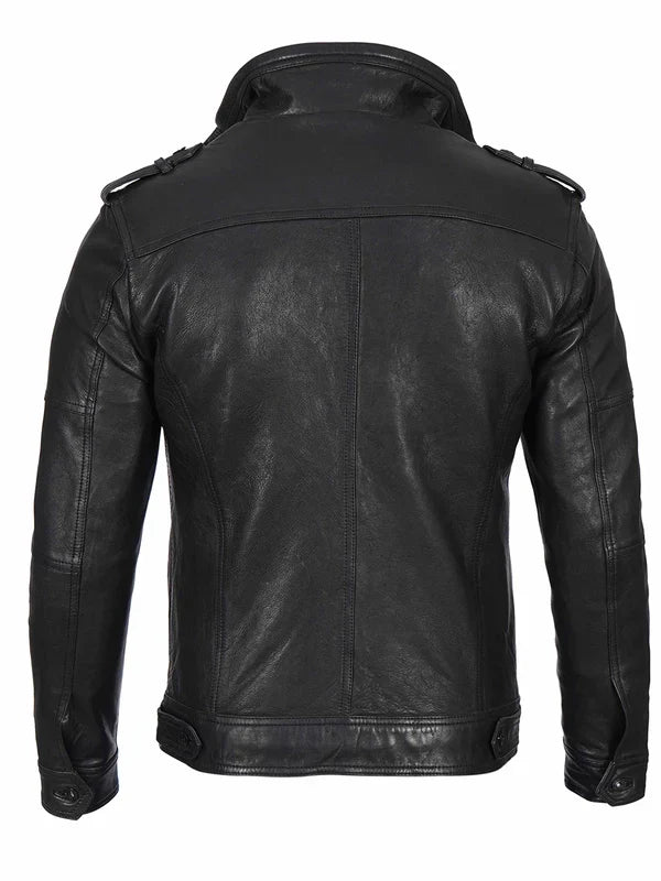 Mens Black Waxed Cafe Racer Leather Jacket