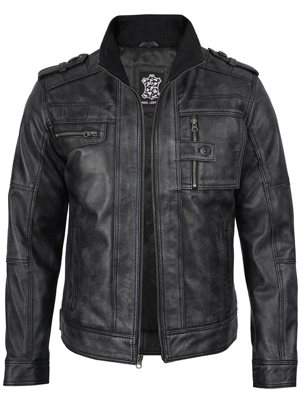 Tavares Mens Distressed Black Leather Biker Jacket