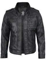 Tavares Mens Distressed Black Leather Biker Jacket