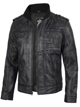Tavares Mens Distressed Black Leather Biker Jacket