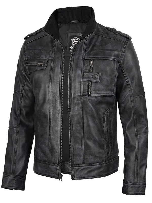 Tavares Mens Distressed Black Leather Biker Jacket