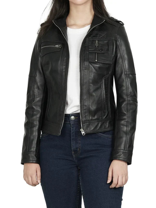 Tavares Womens Black Cafe Racer Style Leather Jacket