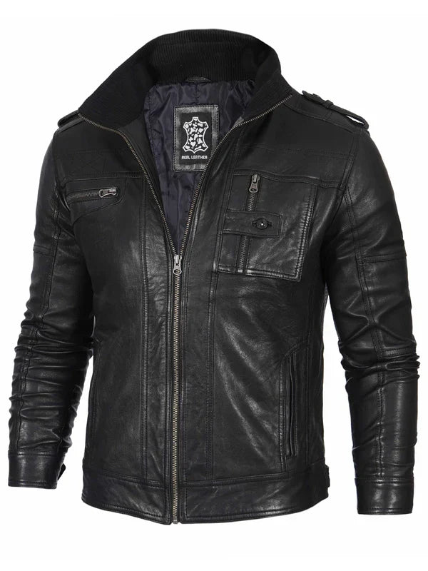 Mens Black Waxed Cafe Racer Leather Jacket