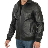 Men’s Black Leather Bomber Jacket with Zip Closure