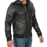 Men’s Black Leather Bomber Jacket with Zip Closure