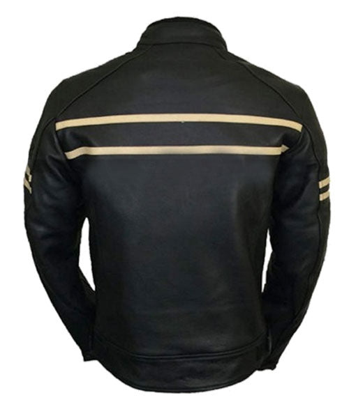 Men’s Black Racing Stripe Leather Biker Jacket