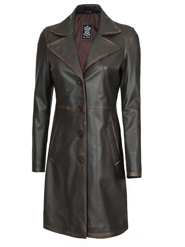 Bryson Women's Rub Off Dark Brown Leather Long 3/4 Coat