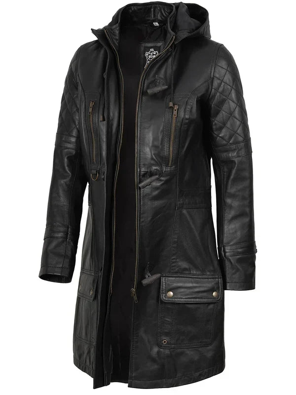 Women’s Black 3/4 Length Leather Coat With Hood
