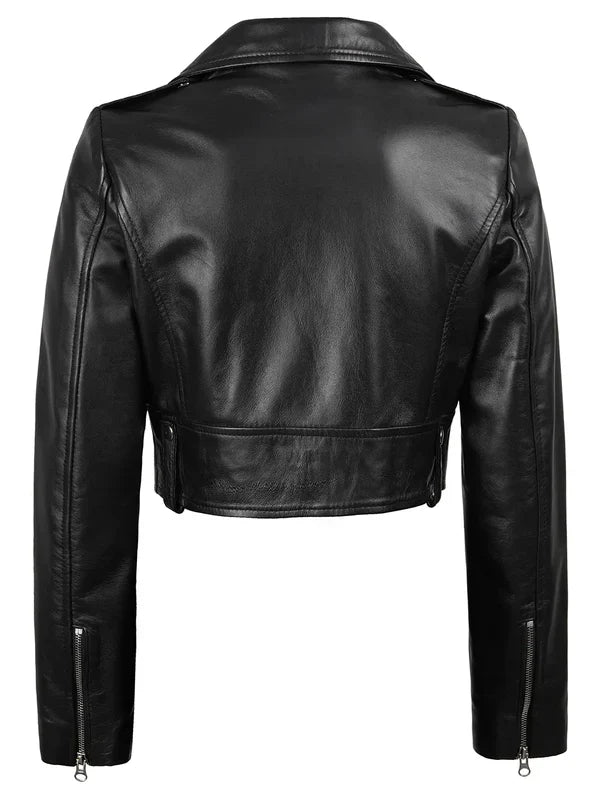 Colleen Women’s Cropped Black Biker Style Leather Jacket