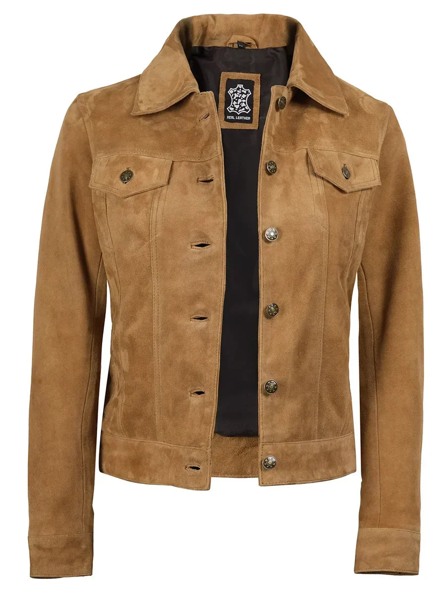 Women's Light Brown Suede Trucker Jacket