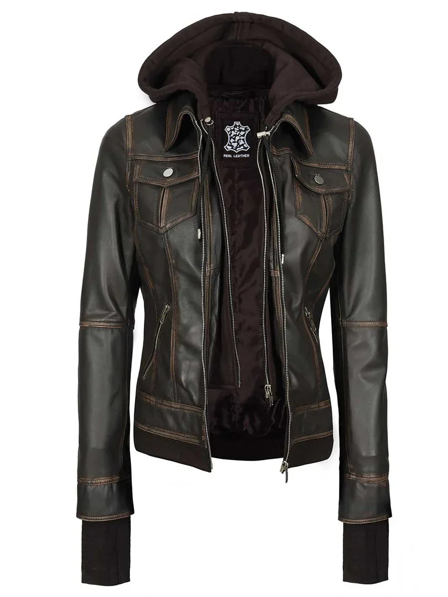 Tralee Women Dark Brown Bomber Leather Jacket With Removable Hood