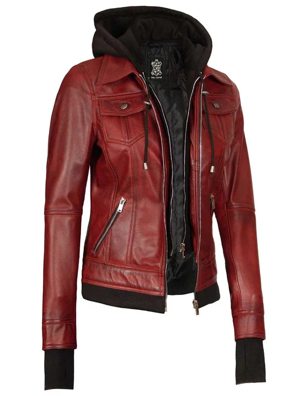Tralee Women's Maroon Bomber Leather Jacket with Hood
