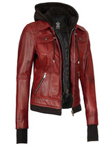 Tralee Women's Maroon Bomber Leather Jacket with Hood