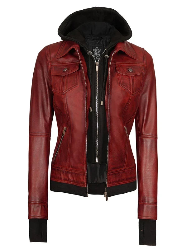 Tralee Women's Maroon Bomber Leather Jacket with Hood