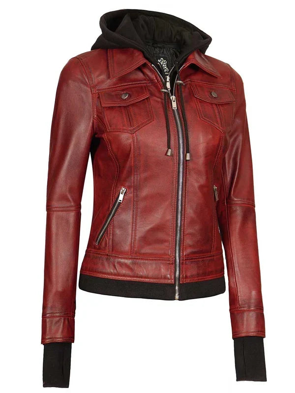 Tralee Women's Maroon Bomber Leather Jacket with Hood