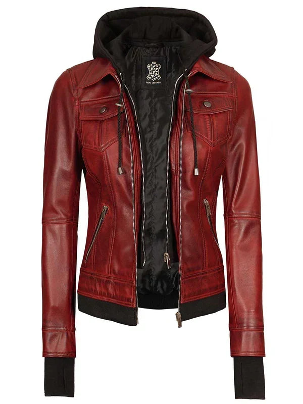 Tralee Women's Maroon Bomber Leather Jacket with Hood
