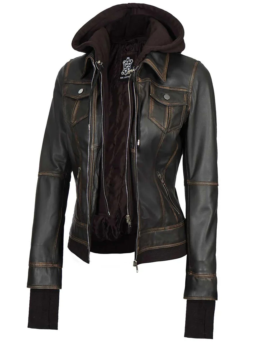 Tralee Women Dark Brown Bomber Leather Jacket With Removable Hood