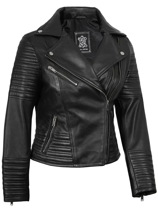 Women's Black Asymmetrical Biker Style Leather Jacket