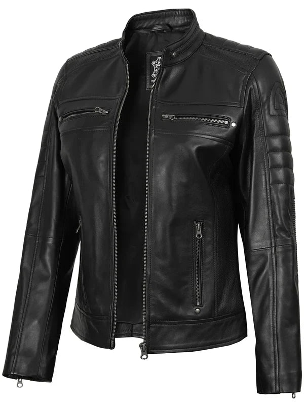 Austin Women's Black Cafe Racer Style Leather Jacket