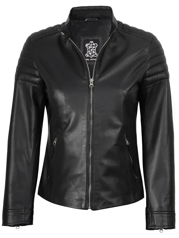 Women's Black Cafe Racer Leather Jacket