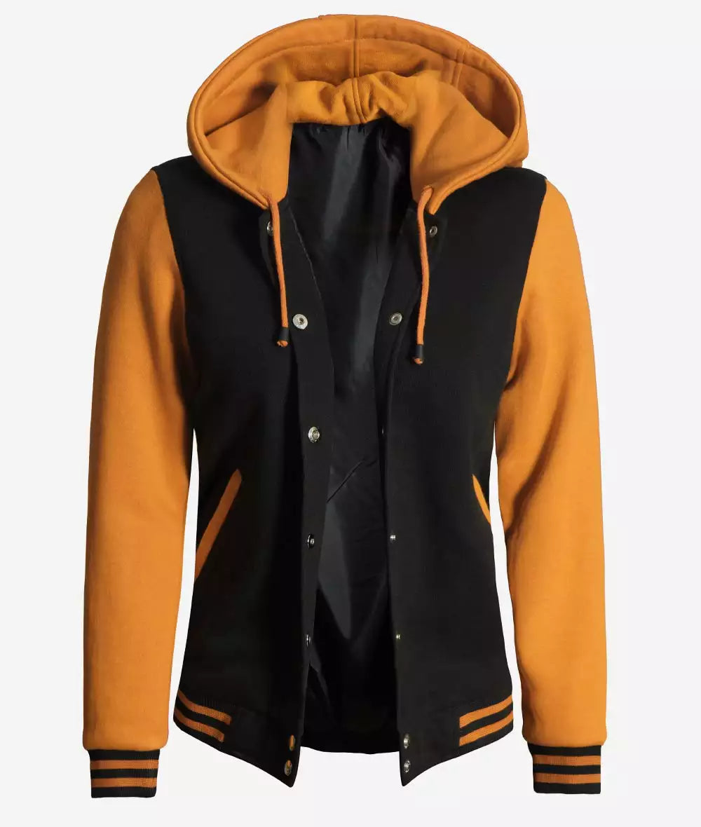 Women’s Black and Yellow Varsity Jacket – Hooded Letterman Bomber