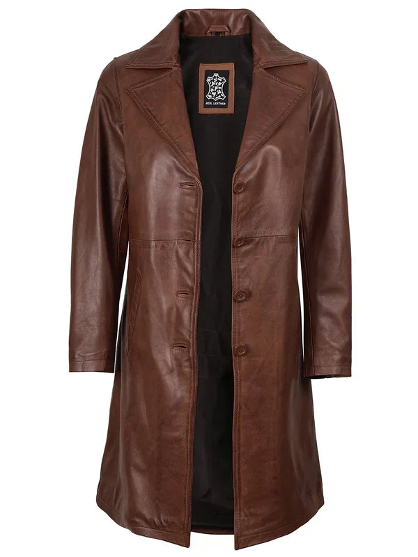 Women's Cognac Brown Real Leather 3/4 Length Coat
