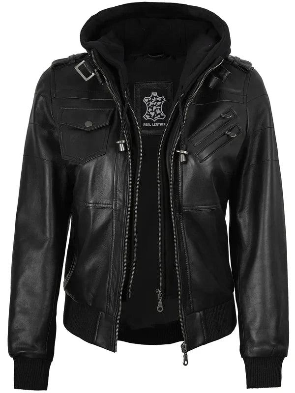Edinburgh Women's Bomber Black Leather Jacket with Removable Hood