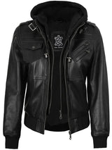 Edinburgh Women's Bomber Black Leather Jacket with Removable Hood