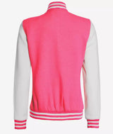Women's Pink and White Varsity Baseball Jacket - Bomber Style