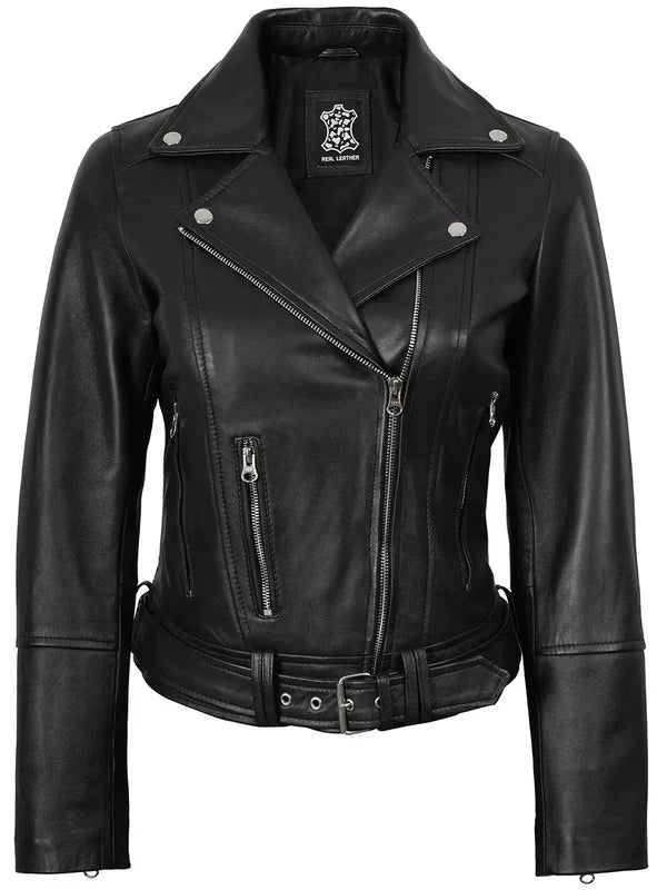 Womens Asymmetrical Black Biker Style Leather Jacket