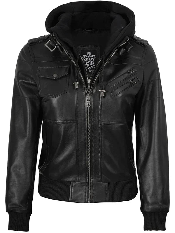 Edinburgh Women's Bomber Black Leather Jacket with Removable Hood