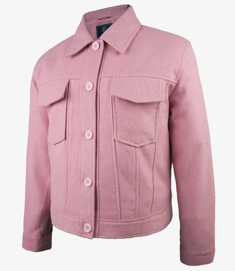 Women’s Classic Pink Wool Button-Up Jacket - Trucker Style