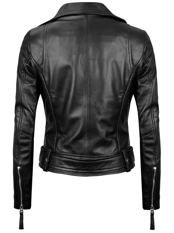 Angela Womens Black Asymmetrical Belted Leather Jacket