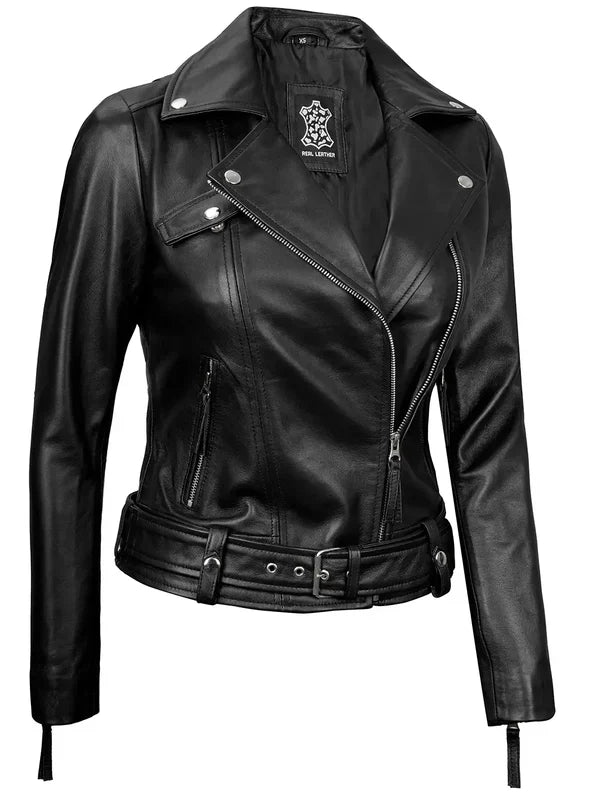 Angela Womens Black Asymmetrical Belted Leather Jacket