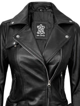 Angela Womens Black Asymmetrical Belted Leather Jacket